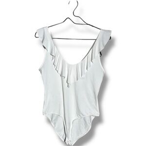 Forever 21 White Sleeveless Ruffled Neck And Straps Plunging V Neck NWT Bodysuit